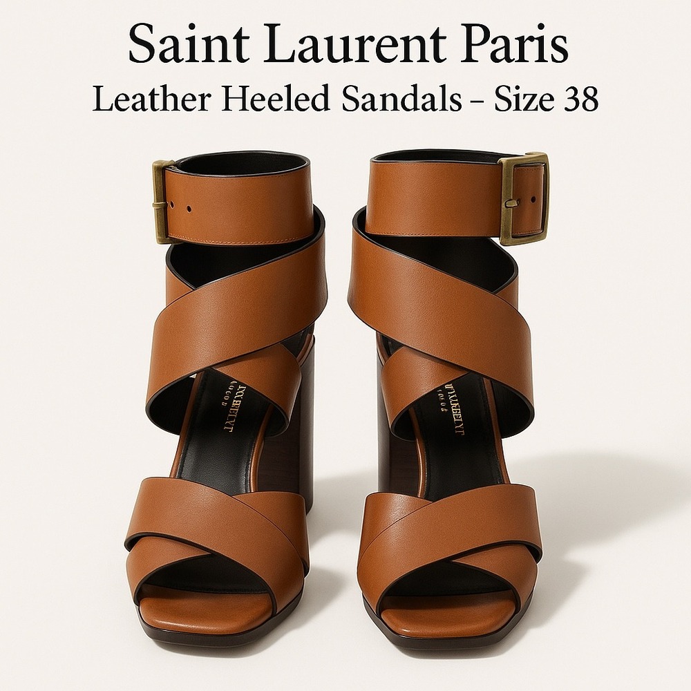 Saint Laurent Paris Leather Heeled Cognac Sandals – Size 38/8 Chic Luxury Status
